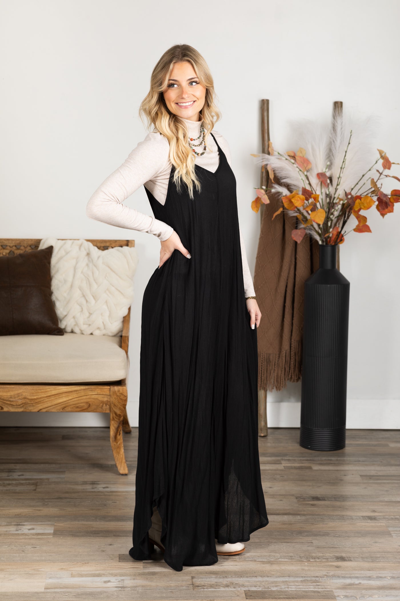 Black Woven Crinkle Maxi Dress