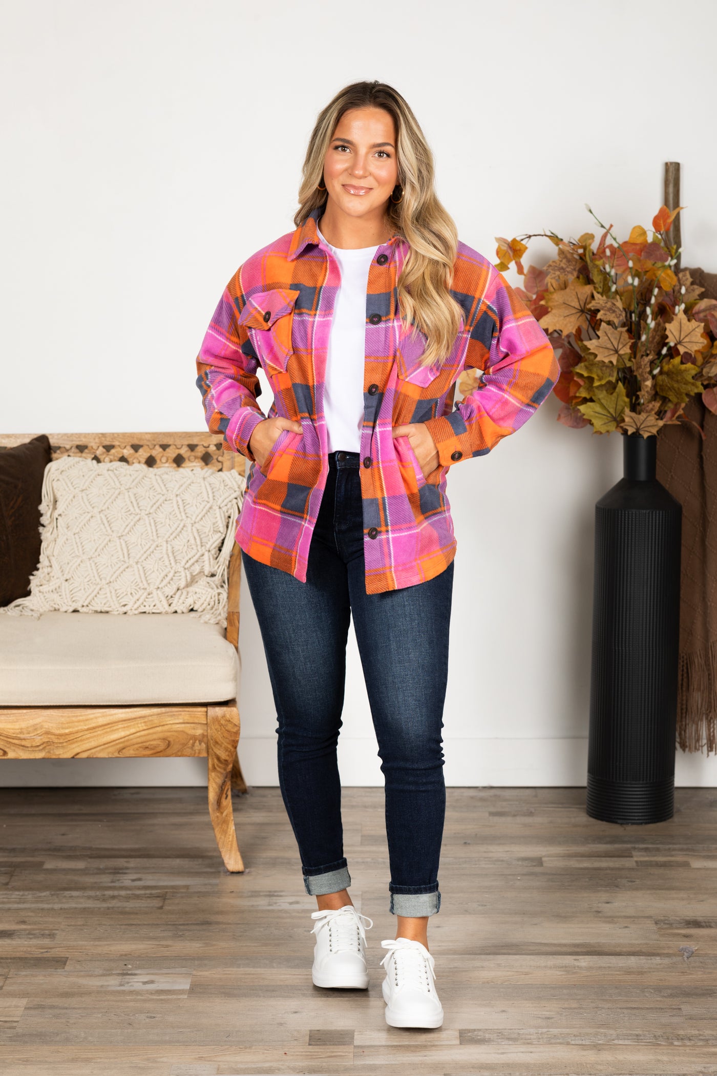 Magenta And Orange Polar Fleece Plaid Shacket