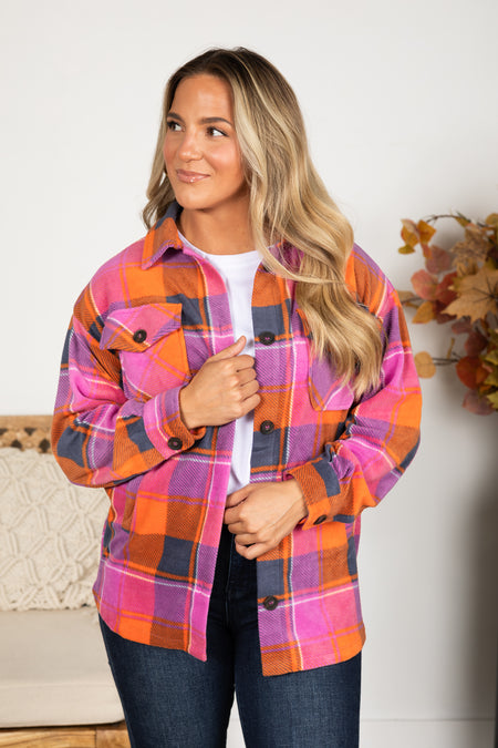 Magenta And Orange Polar Fleece Plaid Shacket