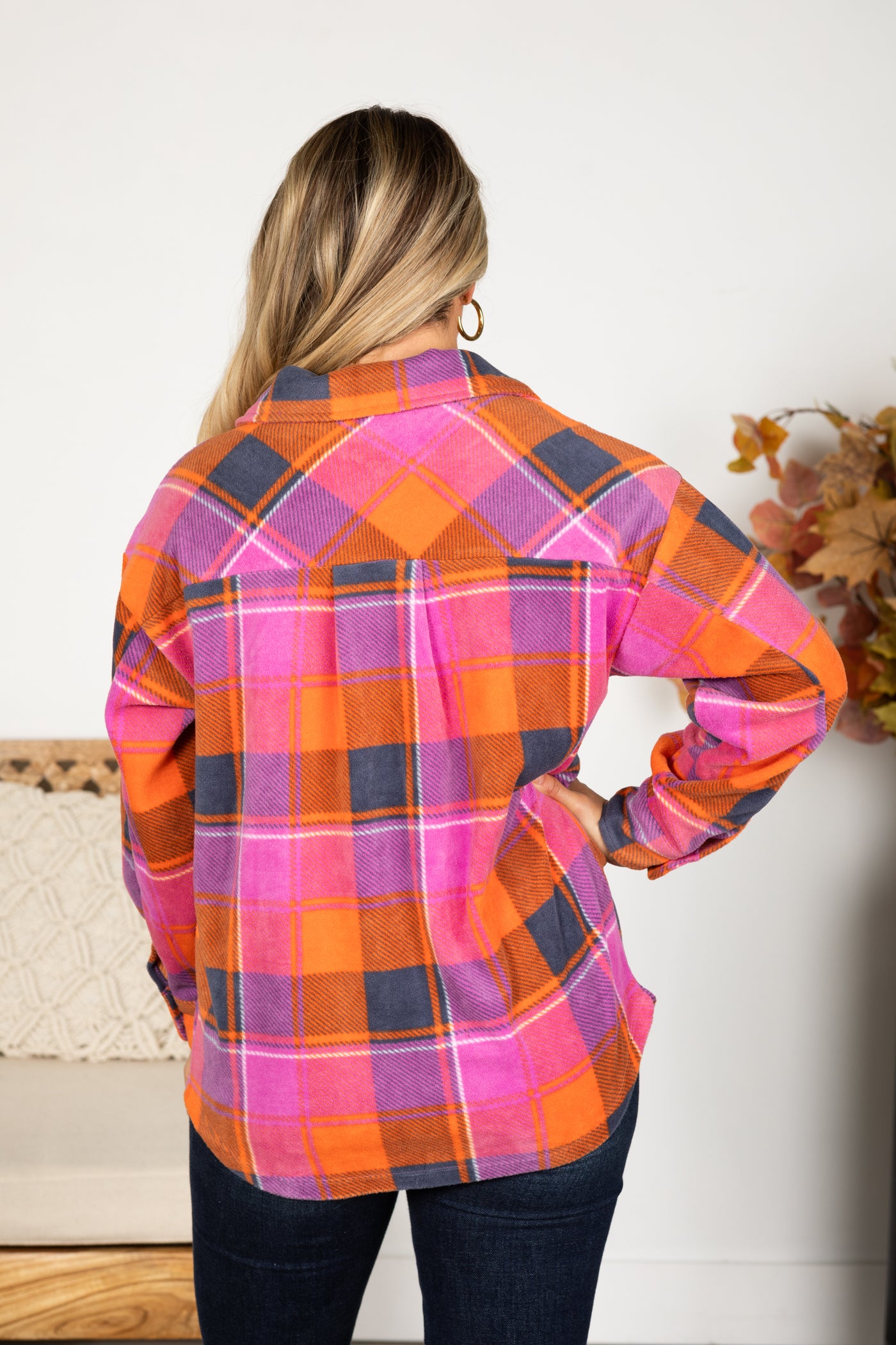 Magenta And Orange Polar Fleece Plaid Shacket