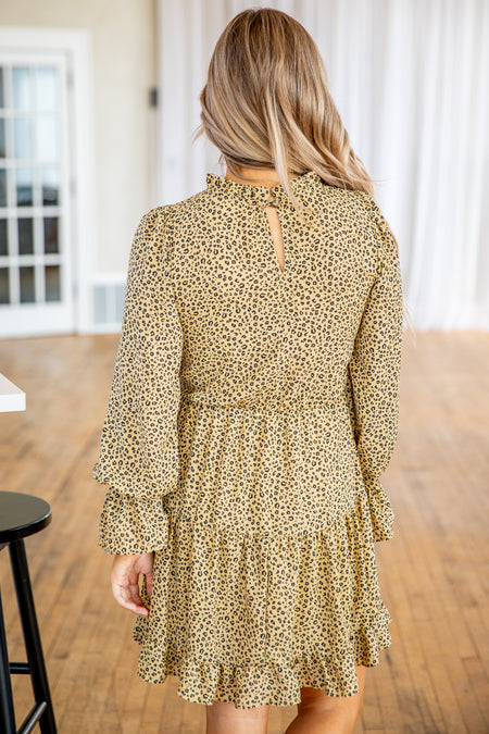 Tan and Black Animal Print Long Sleeve Dress