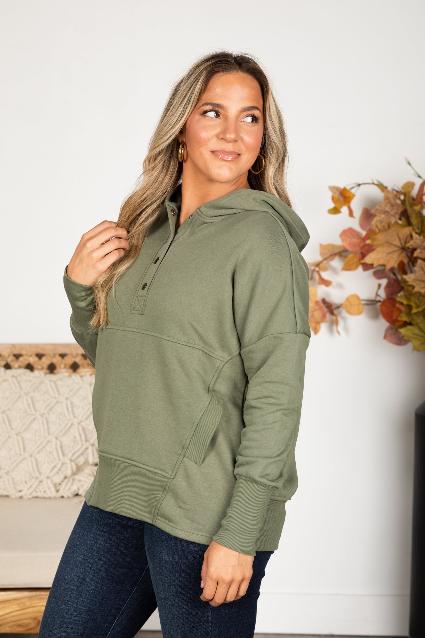 Half Button Fleece Hooded Pullover