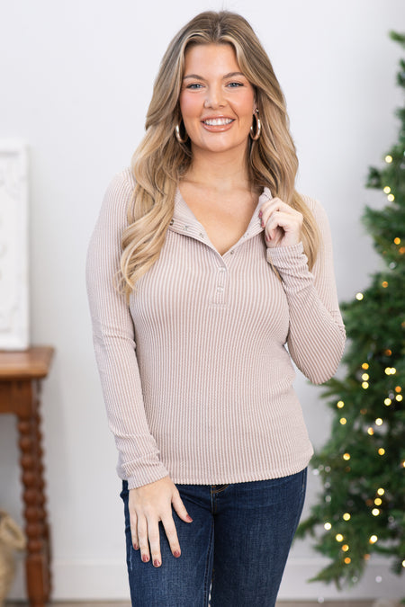 Light Mocha Ribbed Henley Top