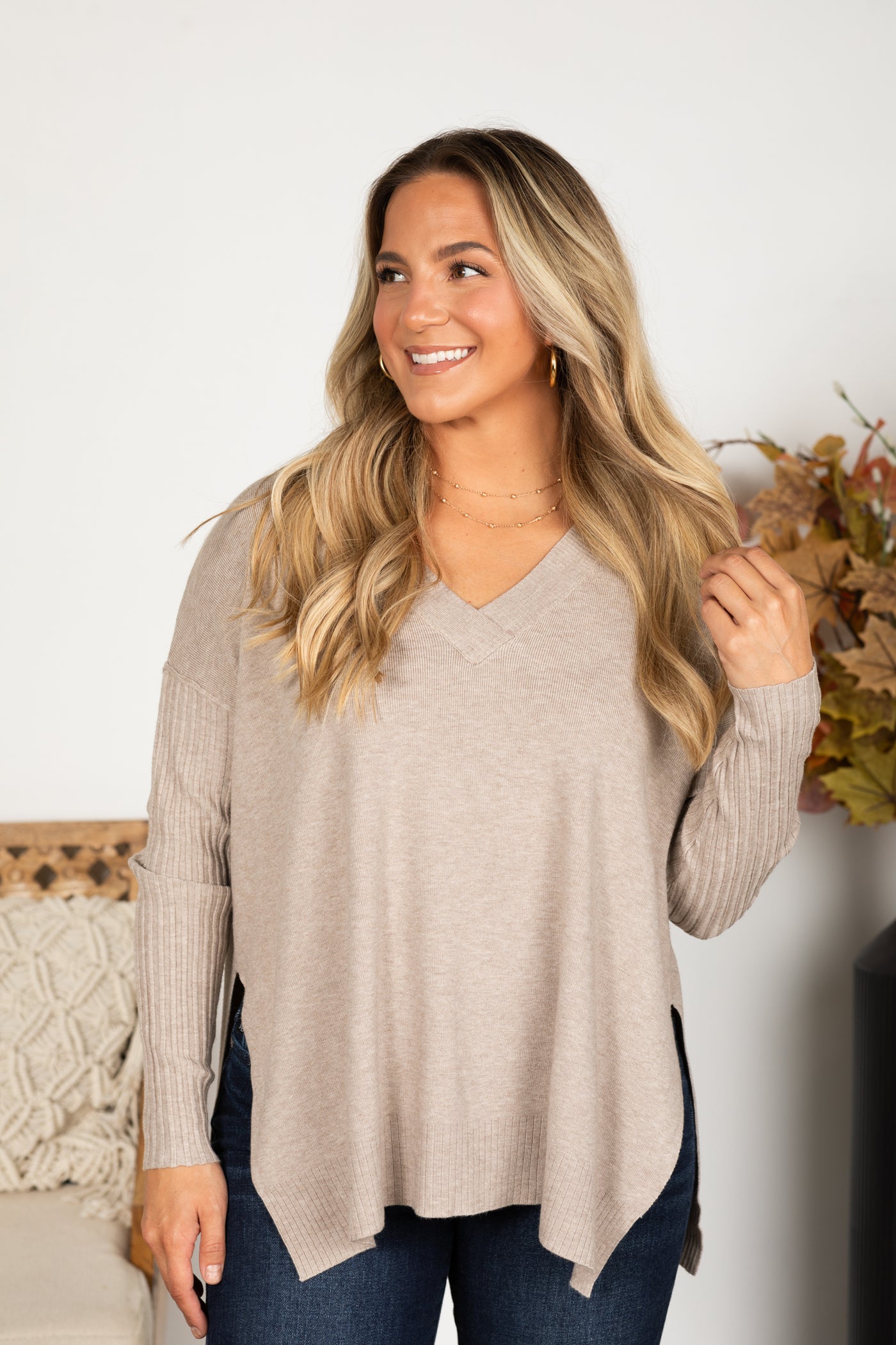 Ribbed Hem and Sleeve V-Neck Sweater