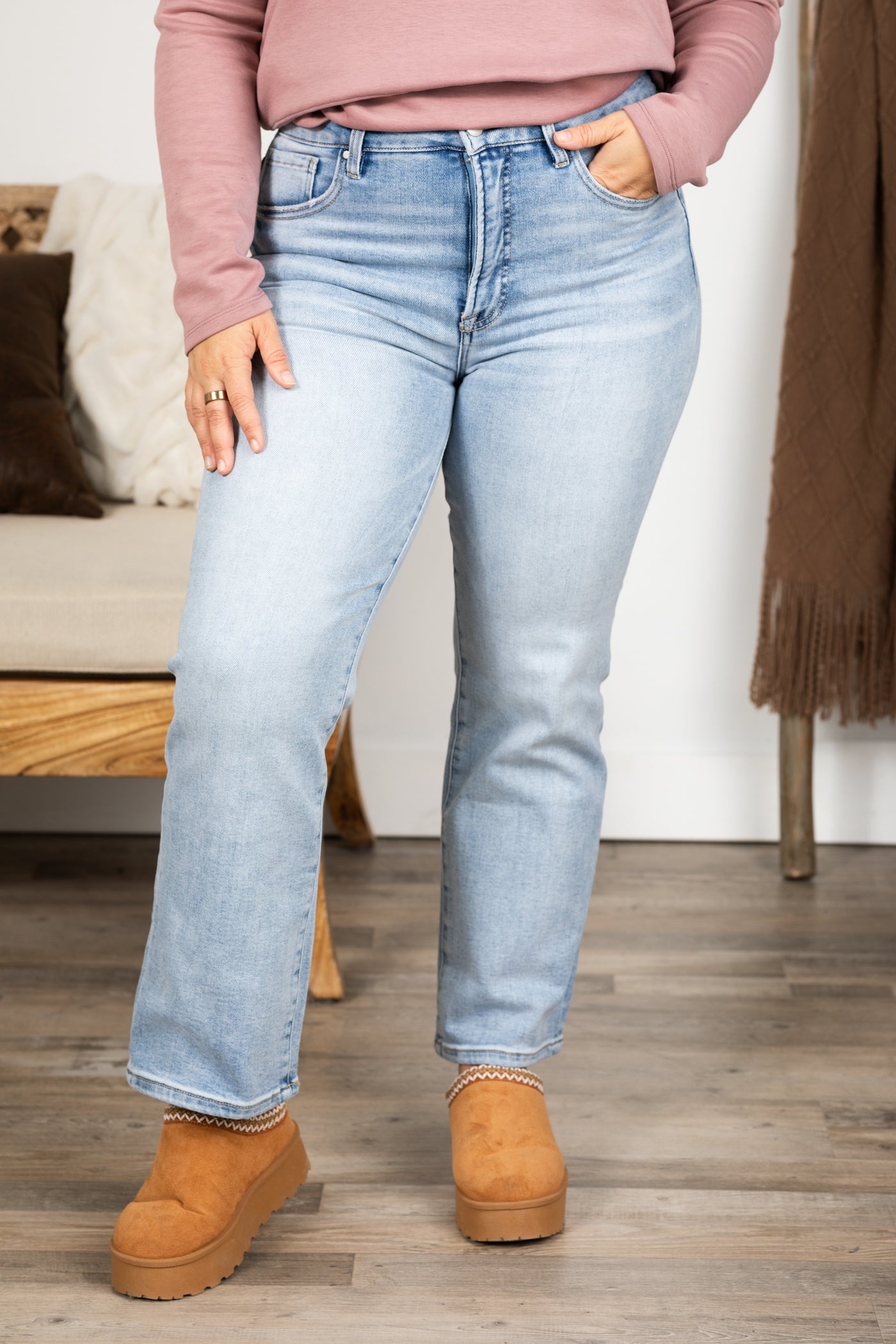 Risen Tummy Control Light Wash Crop Jeans