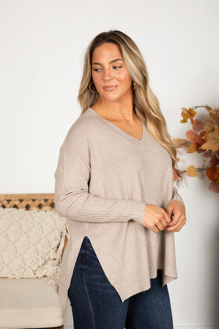 Ribbed Hem and Sleeve V-Neck Sweater