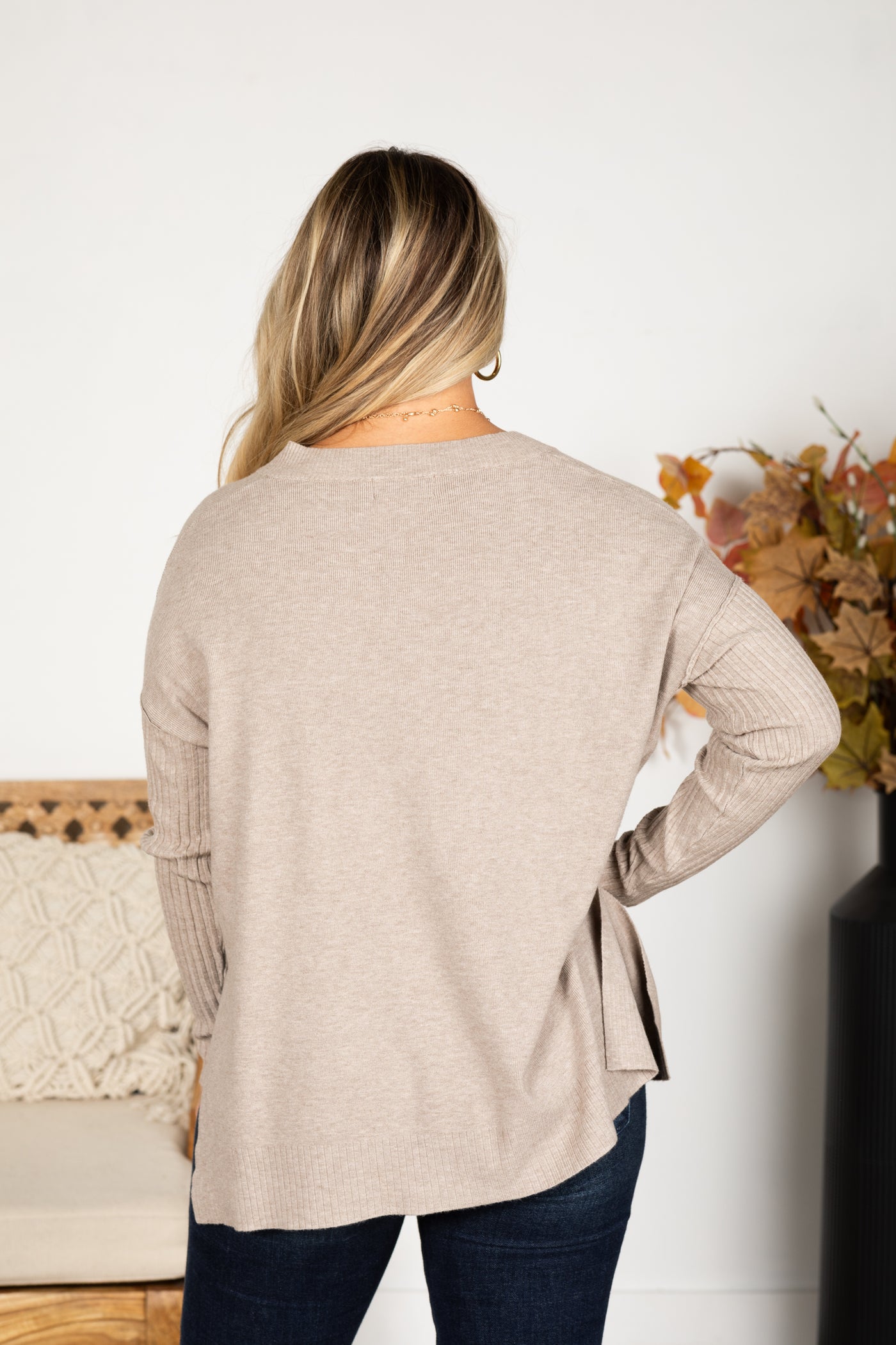 Ribbed Hem and Sleeve V-Neck Sweater