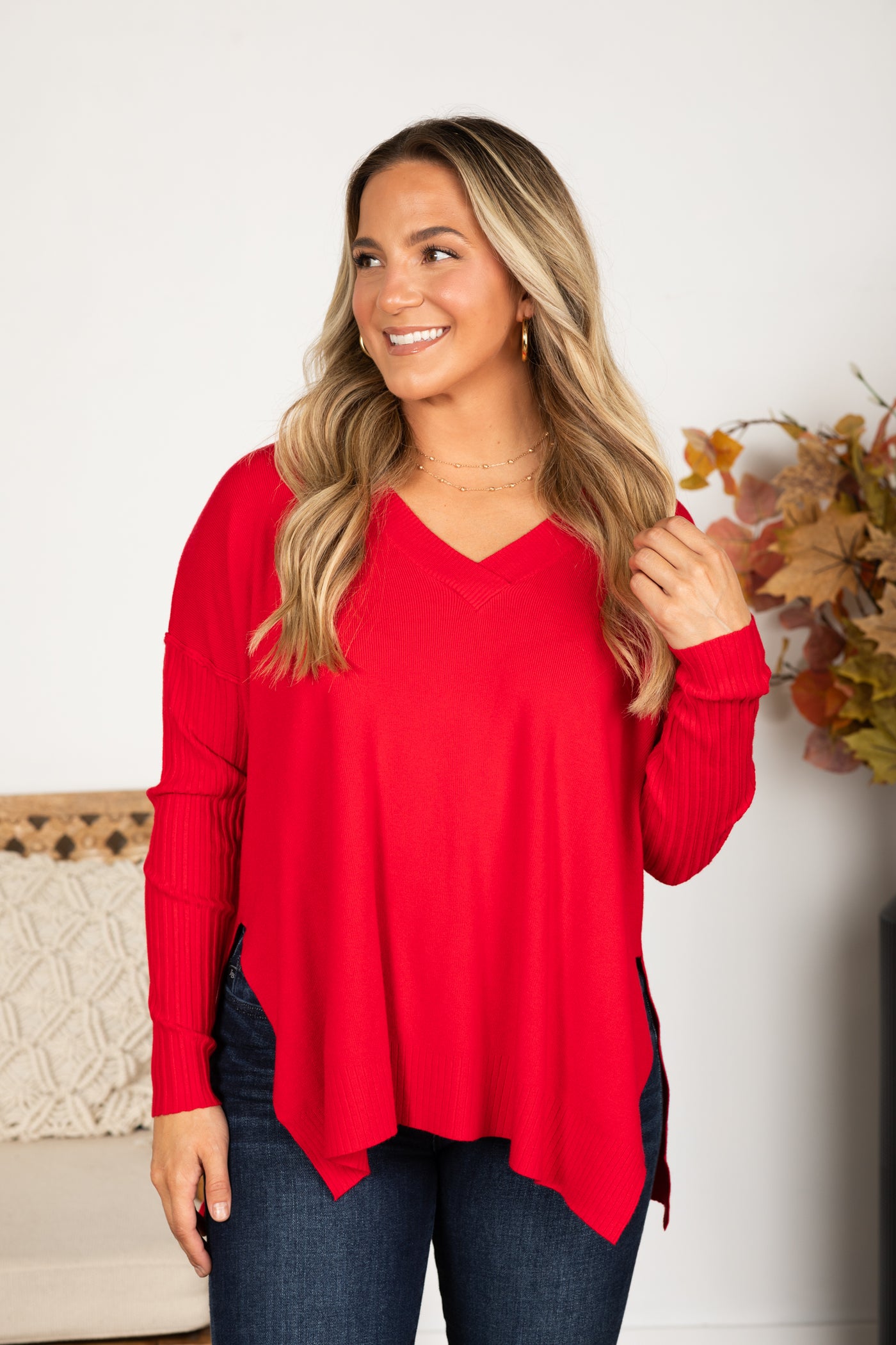 Ribbed Hem and Sleeve V-Neck Sweater