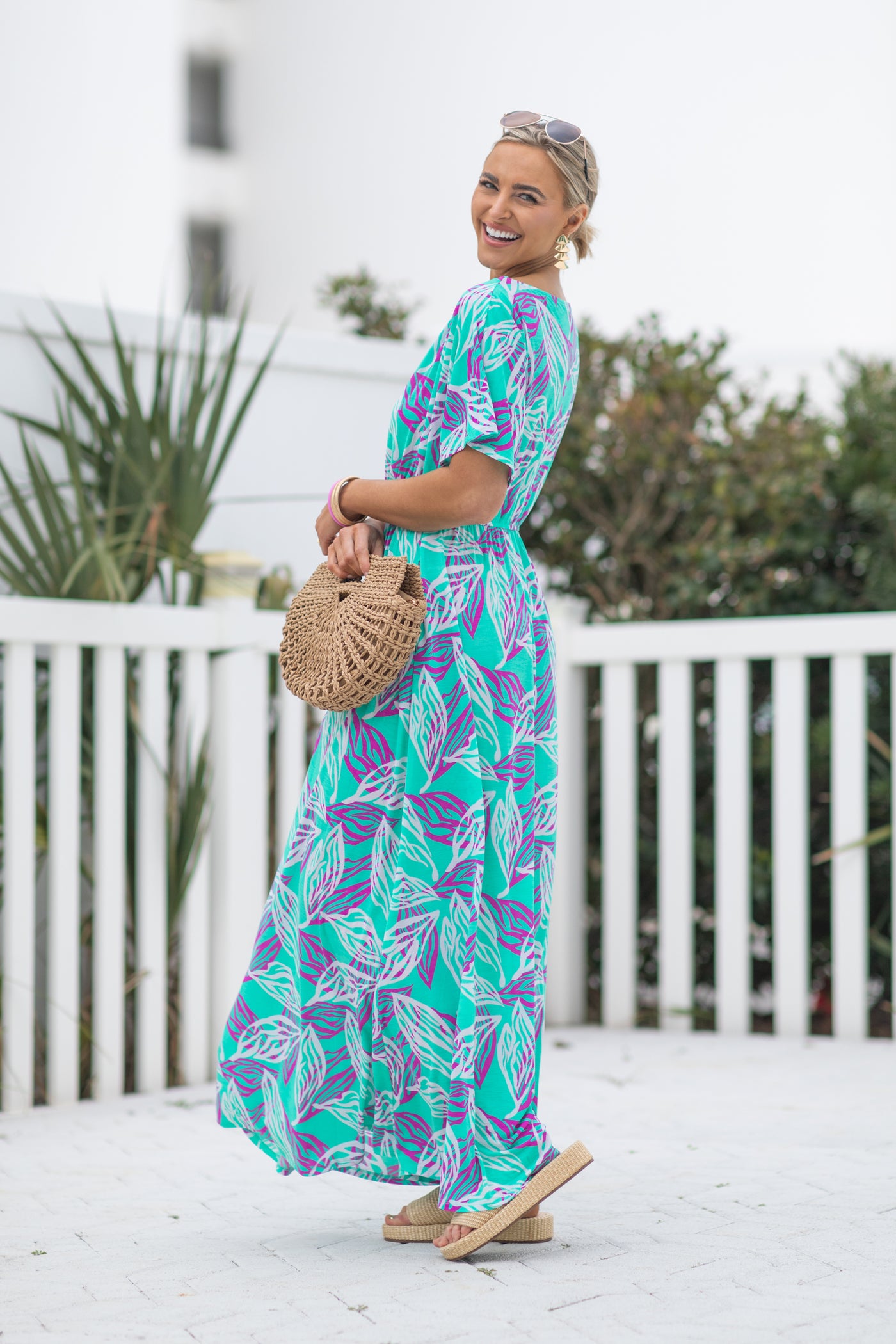 Mint Flower Print Boat Neck Maxi Dress