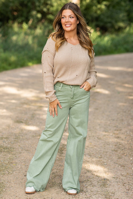 Risen Sage Wide Leg Distressed Hem Jeans - Filly Flair