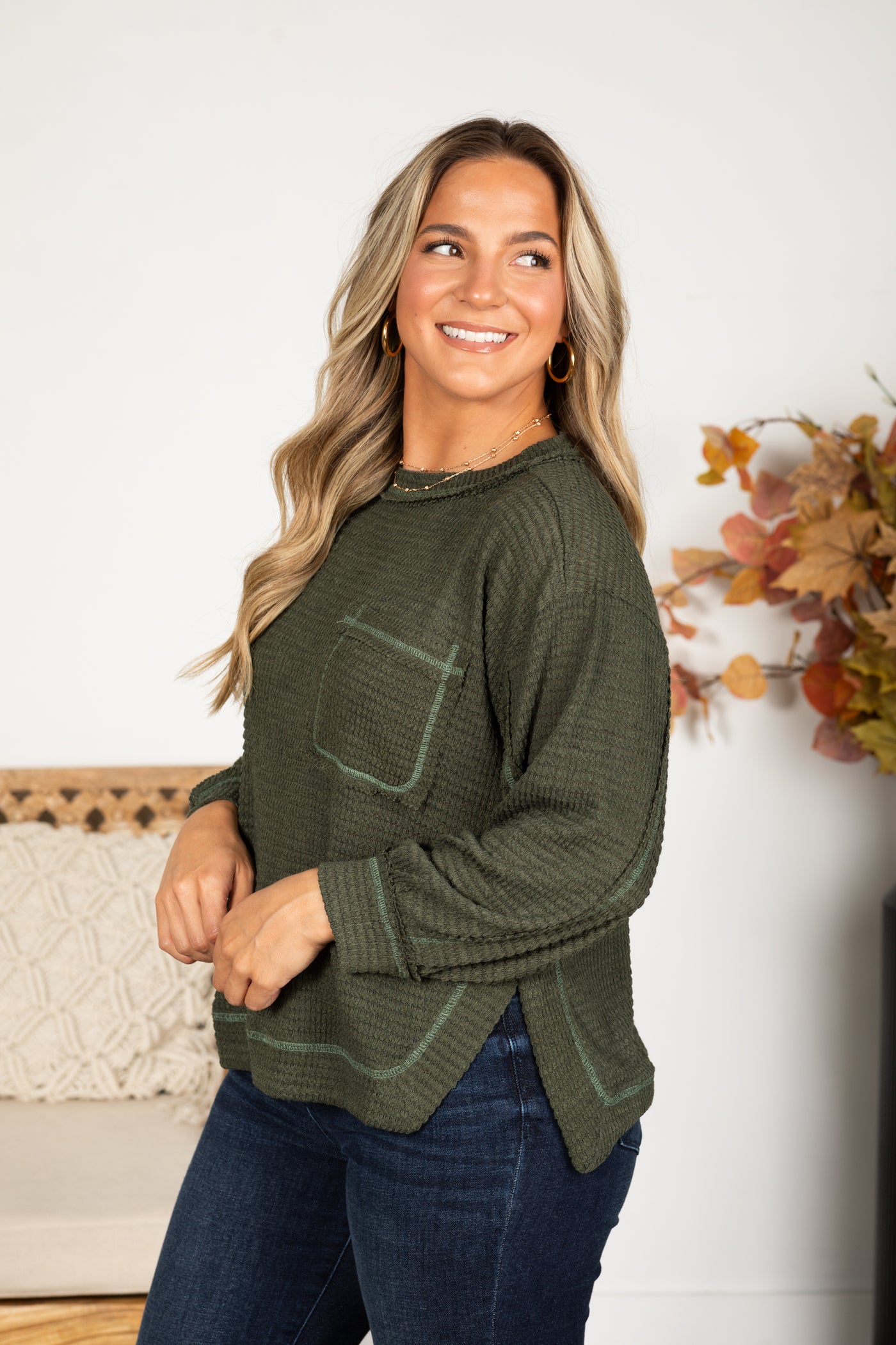 High-Low Exposed Seam Waffle Knit Top