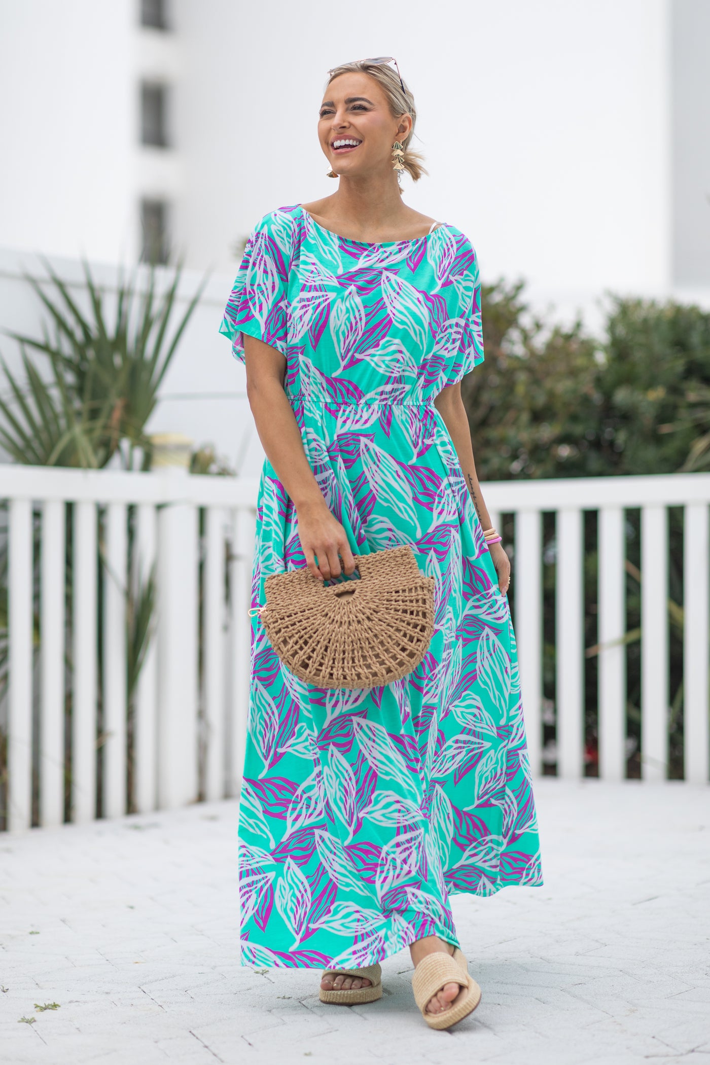 Mint Flower Print Boat Neck Maxi Dress