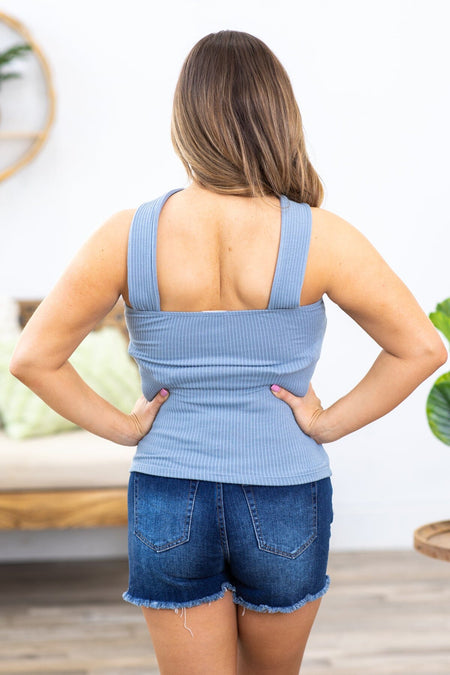 Dusty Blue Rib Knit Halter Tank With Cutout - Filly Flair