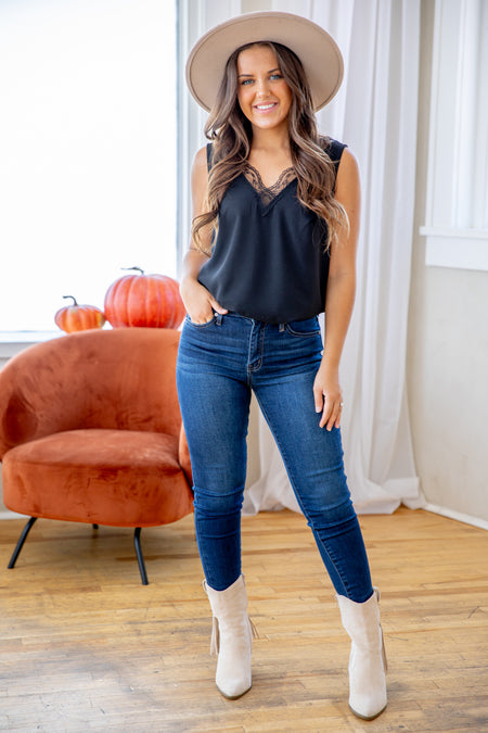 Black Lace Trim V-Neck Tank