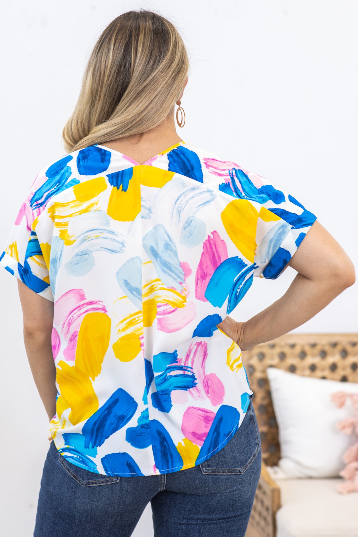 White and Blue Blush Stroke Print Woven Top