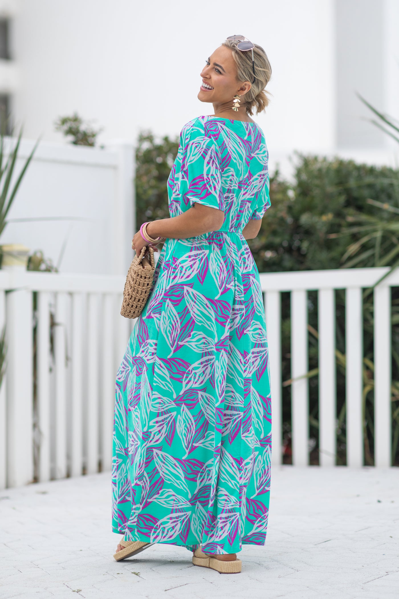 Mint Flower Print Boat Neck Maxi Dress