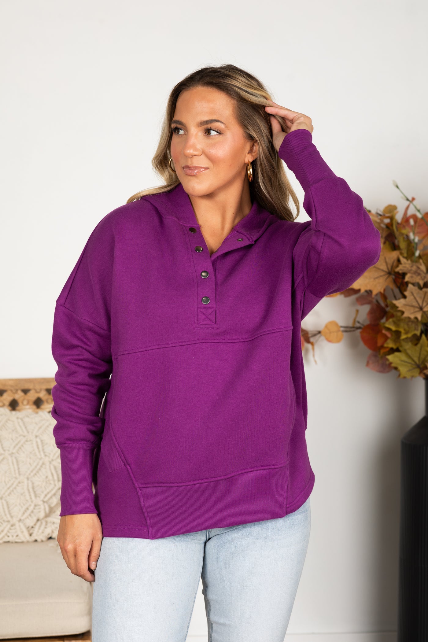 Half Button Fleece Hooded Pullover