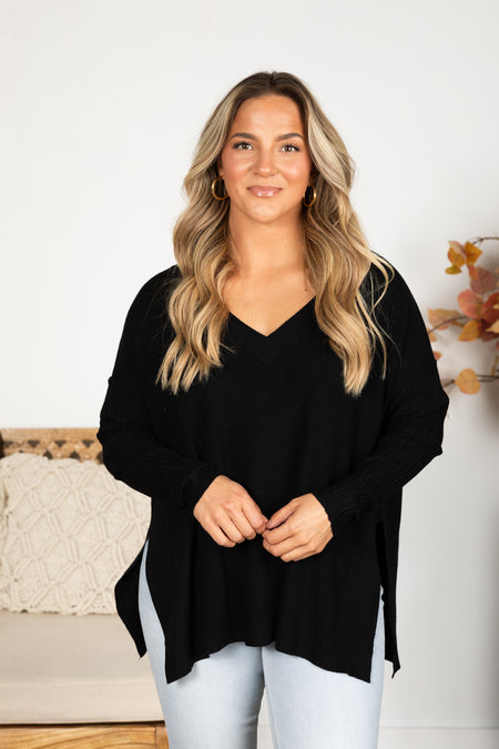 Ribbed Hem and Sleeve V-Neck Sweater