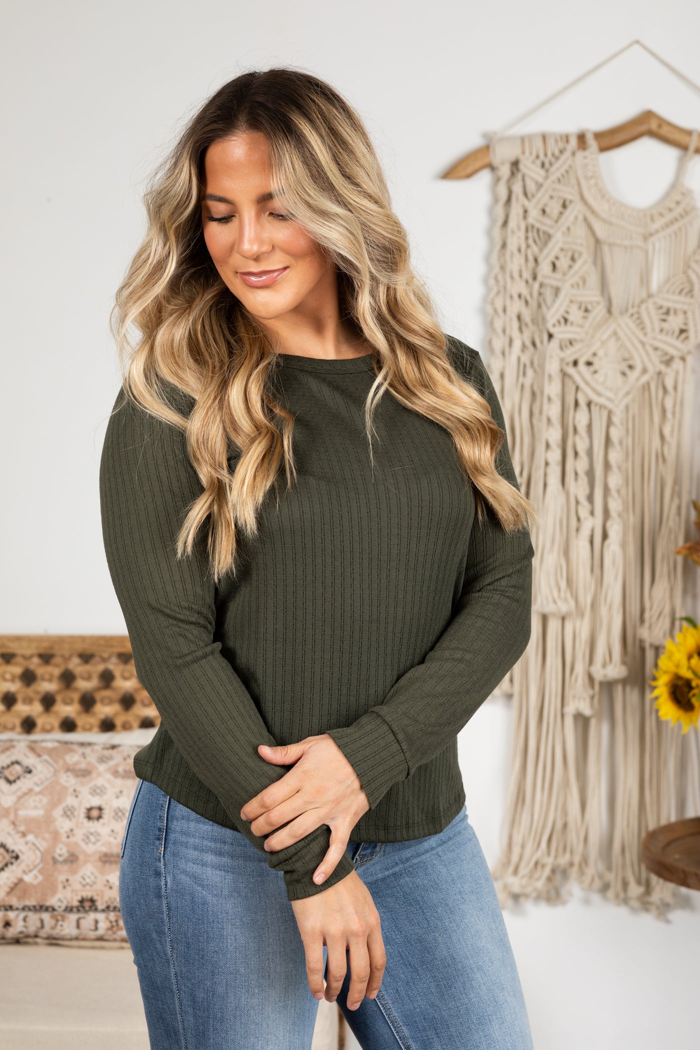 Crewneck Long Sleeve Pointelle Knit Top