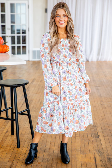 Off White Smocked Bodice Floral Midi Dress