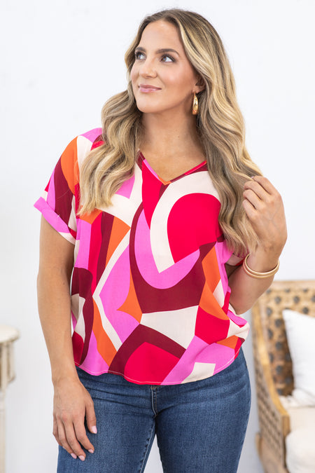 Pink and Orange Geo Print Woven Top