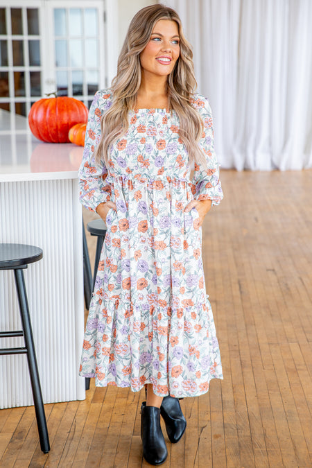 Off White Smocked Bodice Floral Midi Dress