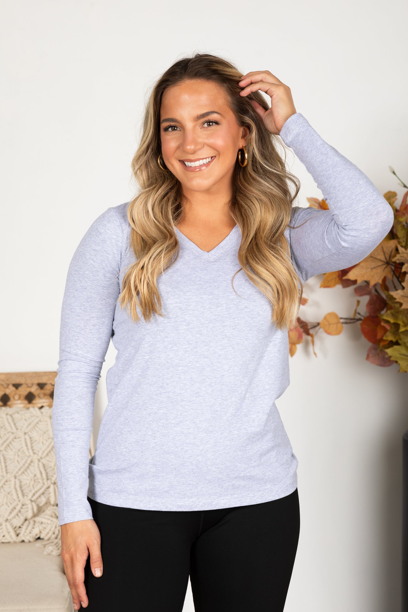 Cotton V-Neck Long Sleeve Knit Top