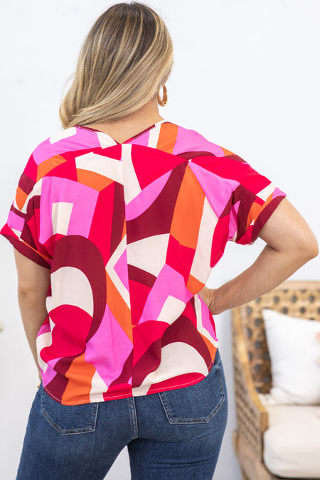 Pink and Orange Geo Print Woven Top