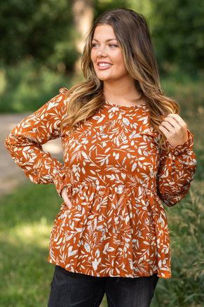 Cognac Drop Waist Leaf Print Top - Filly Flair