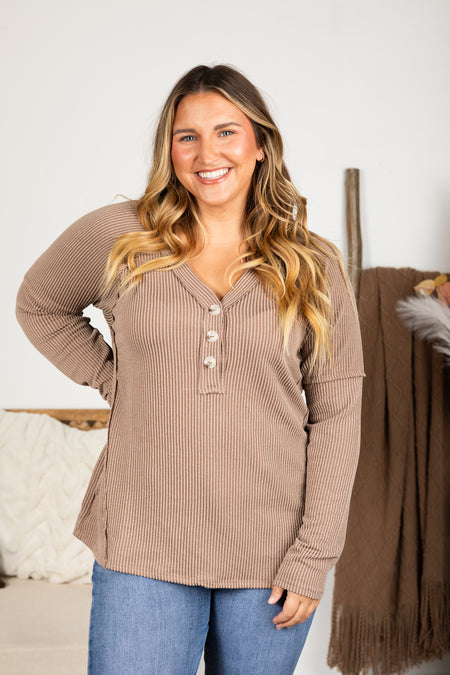 Raised Ribbed Button V-Neck Knit Top