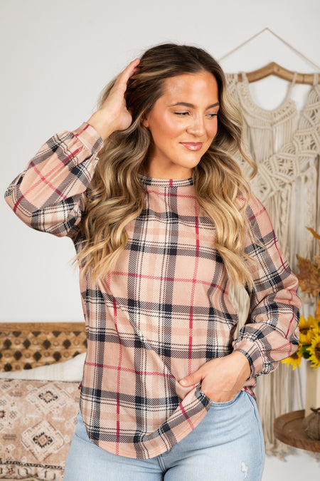 Plaid Knit Long Sleeve Top