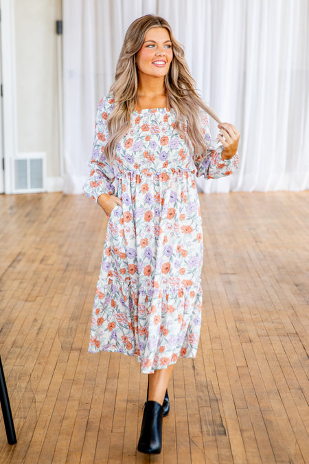 Off White Smocked Bodice Floral Midi Dress