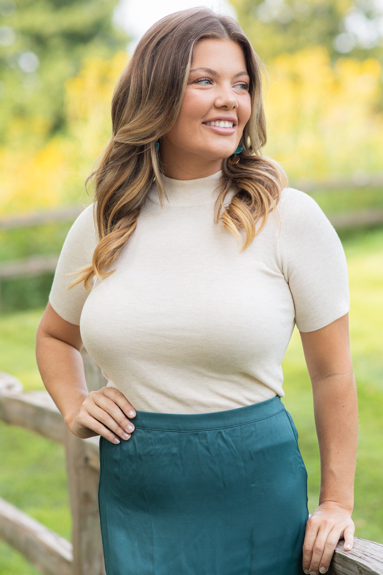 Beige Ribbed Mock Neck Fitted Top · Filly Flair