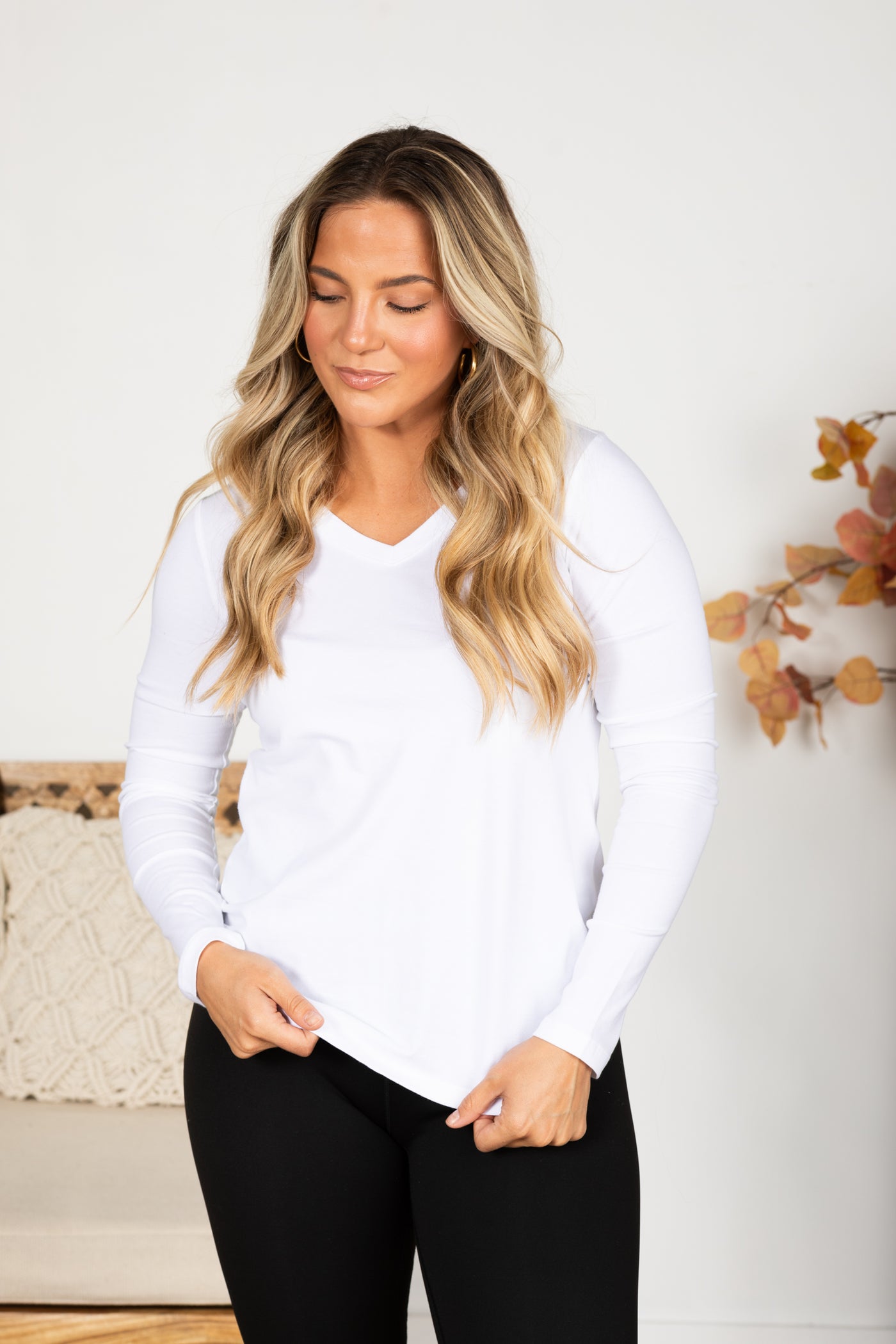 Cotton V-Neck Long Sleeve Knit Top