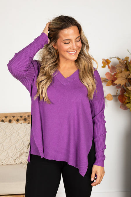 Ribbed Hem and Sleeve V-Neck Sweater