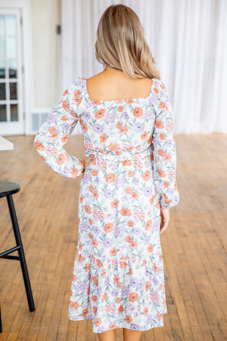 Off White Smocked Bodice Floral Midi Dress