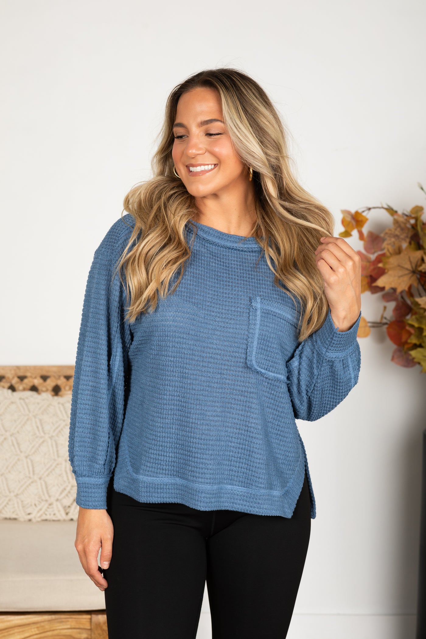 High-Low Exposed Seam Waffle Knit Top