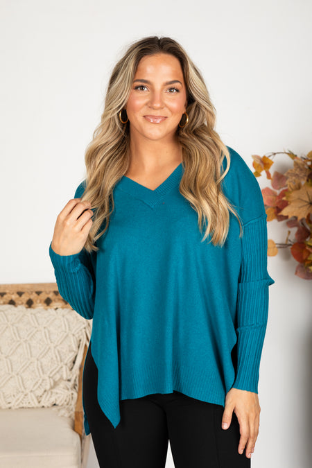 Ribbed Hem and Sleeve V-Neck Sweater