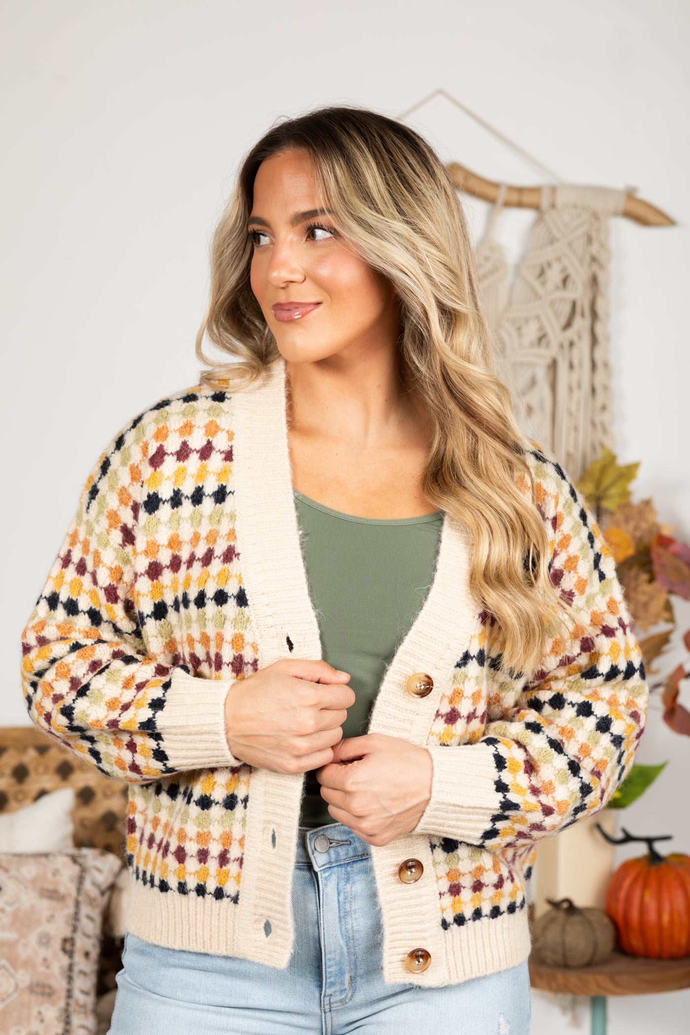 Beige Multicolor Button Knit Cardigan