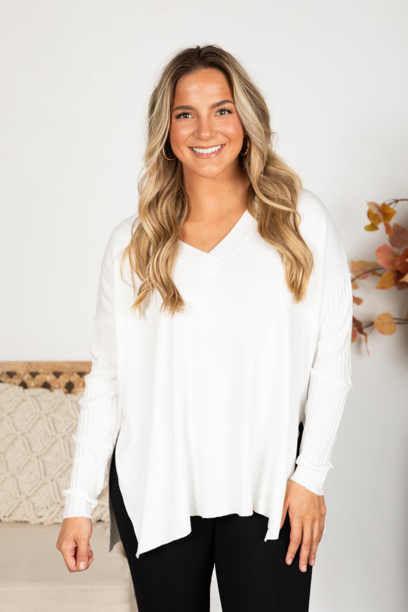 Ribbed Hem and Sleeve V-Neck Sweater