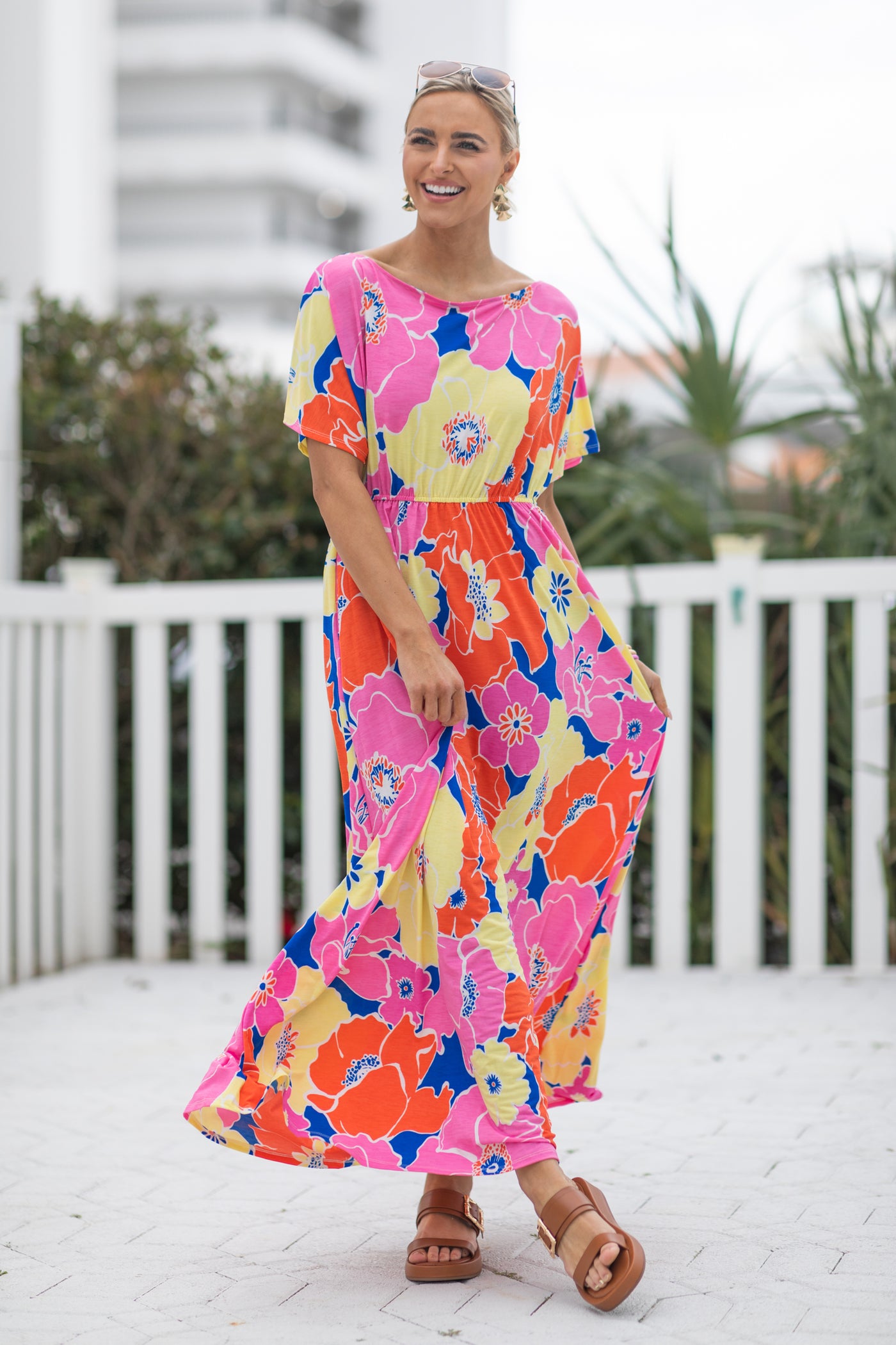 Pink Flower Print Boat Neck Maxi Dress