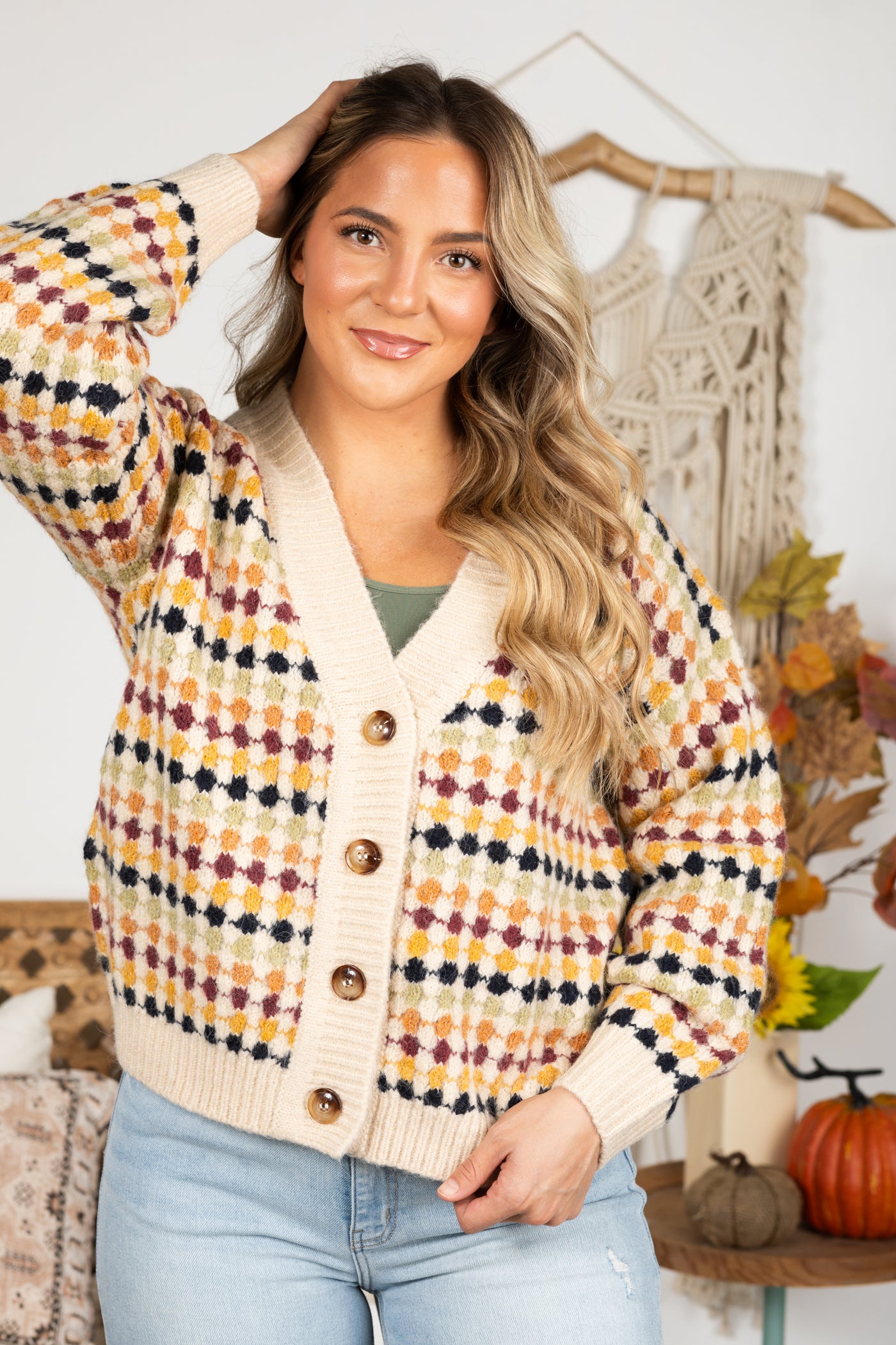 Beige Multicolor Button Knit Cardigan