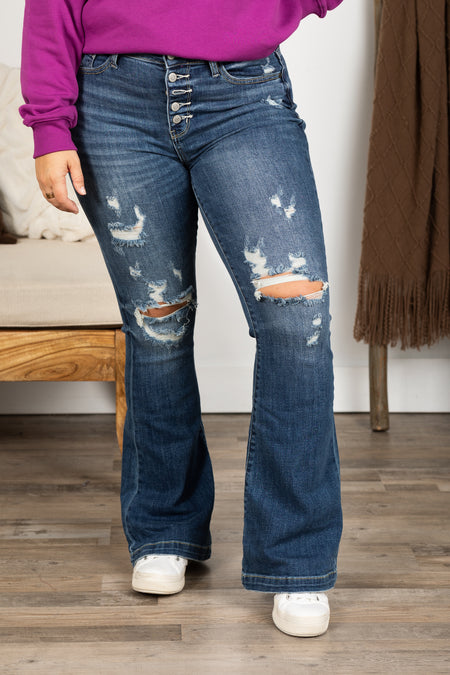 Judy Blue Mid Rise Distressed Flare Jeans