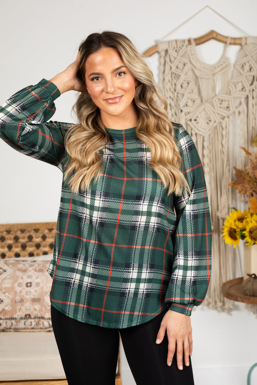 Plaid Knit Long Sleeve Top