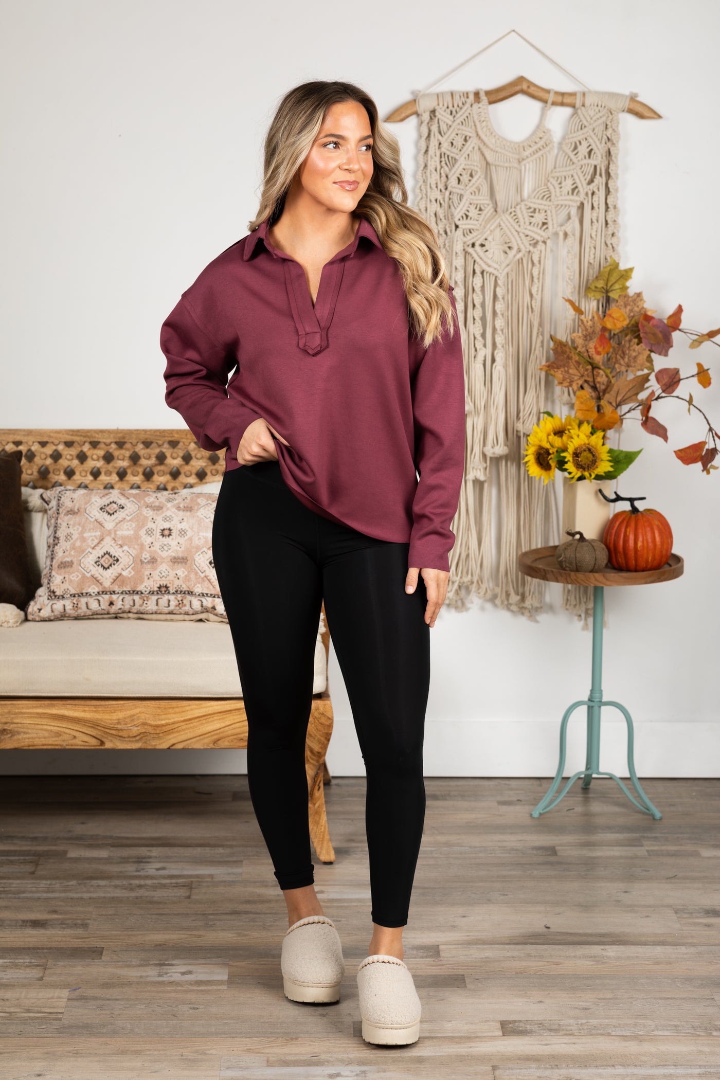 Plum V-Neck Collar Knit Long Sleeve Top