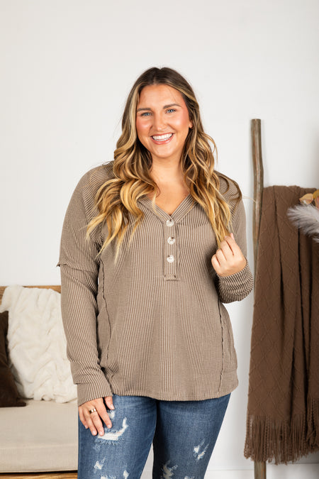 Raised Ribbed Button V-Neck Knit Top