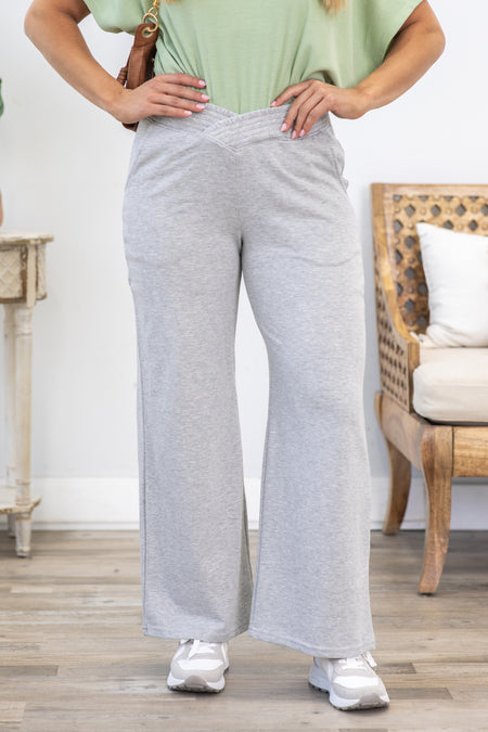 Heather Grey Ribbed Waistband Wide Leg Pants