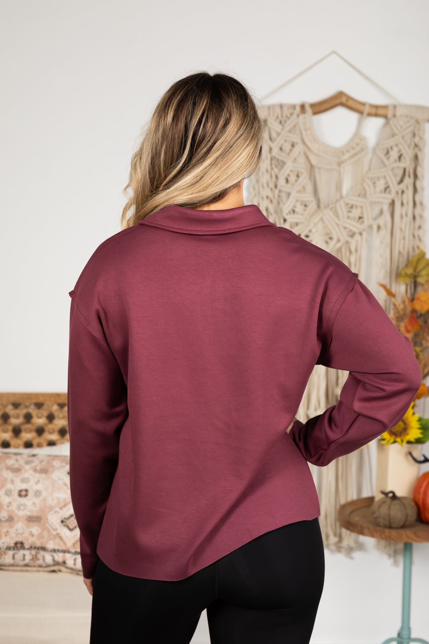 Plum V-Neck Collar Knit Long Sleeve Top