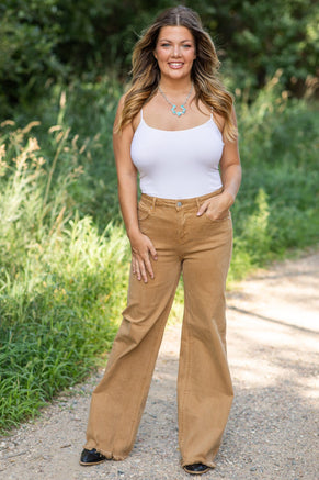 Risen Cinnamon Wide Leg Distressed Hem Jeans - Filly Flair