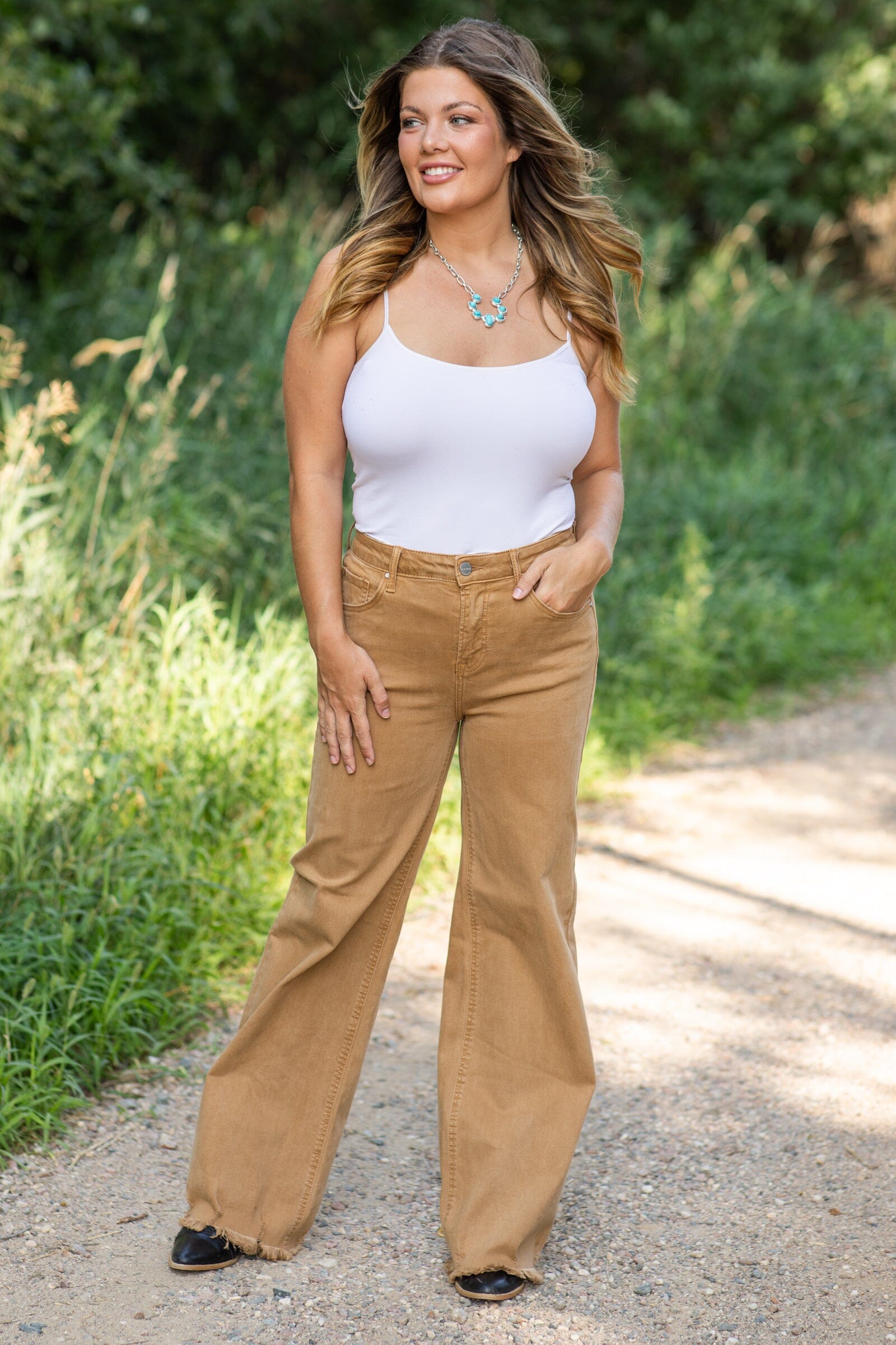 Risen Cinnamon Wide Leg Distressed Hem Jeans · Filly Flair